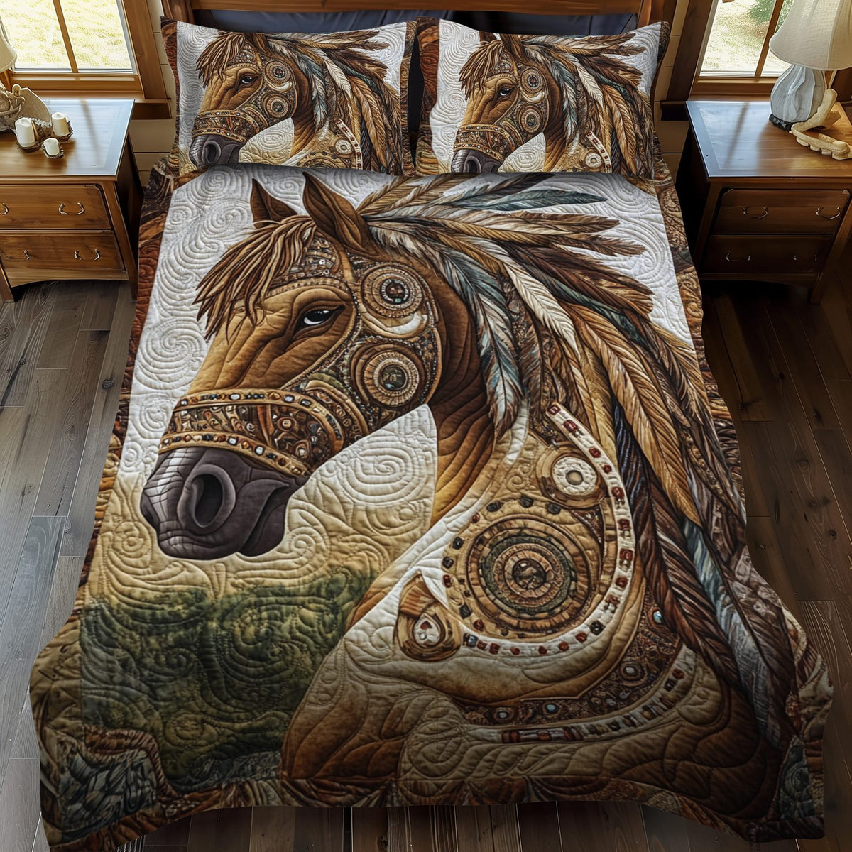 Sunfire Stallion quilted 3-piece bedding set on a made bed in a rustic timber bedroom