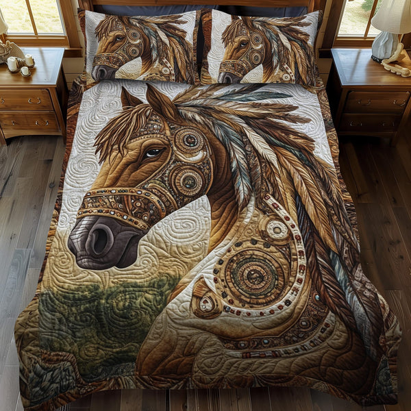 Sunfire Stallion quilted 3-piece bedding set on a made bed in a rustic timber bedroom