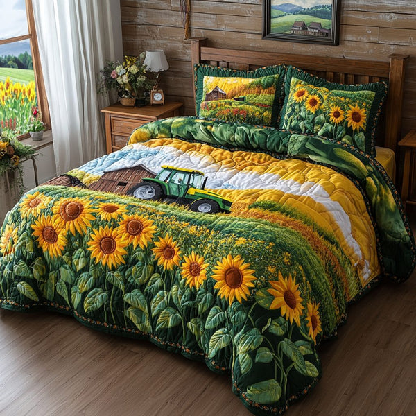Sunflare Bloom quilted 3-piece bedding set on a made bed with two matching pillow shams