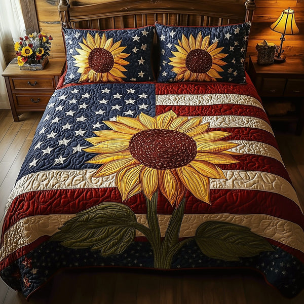 Sunflower Americana quilted 3-piece bedding set on a made bed in a warmly lit bedroom