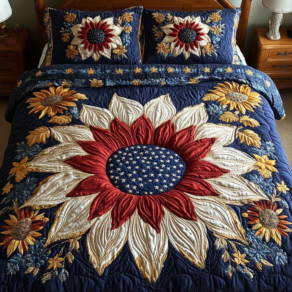 Sunflower Americana quilted 3-piece bedding set on a made bed in a warmly lit bedroom