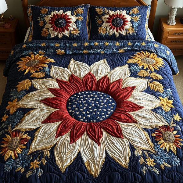 Sunflower Americana quilted 3-piece bedding set on a made bed in a warmly lit bedroom