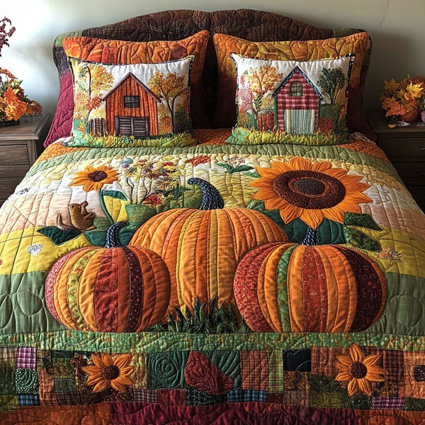 Sunflower and Spice quilted 3-piece bedding set on a made bed with two matching pillow shams