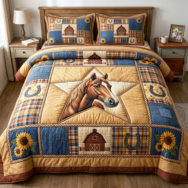 Sunflower Barn quilted 3-piece bedding set on a made bed in a farmhouse bedroom