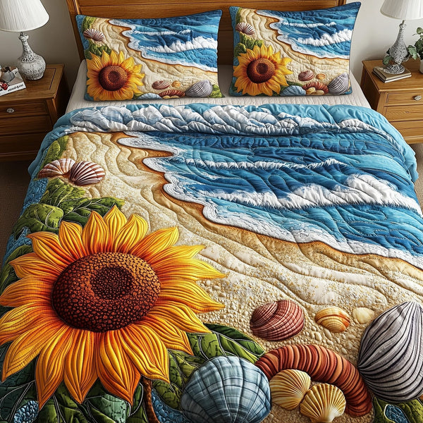 Sunflower Beach quilted 3-piece bedding set on a made bed in a light coastal bedroom