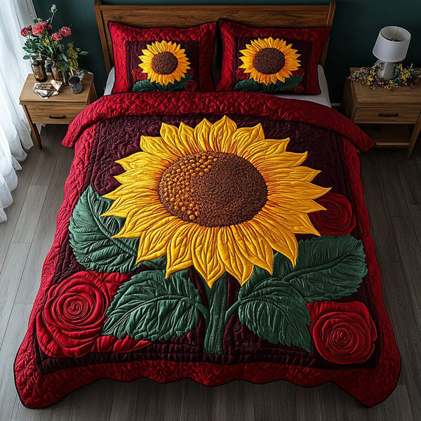 Sunflower Beauty quilted 3-piece bedding set on a made bed with two matching pillow shams