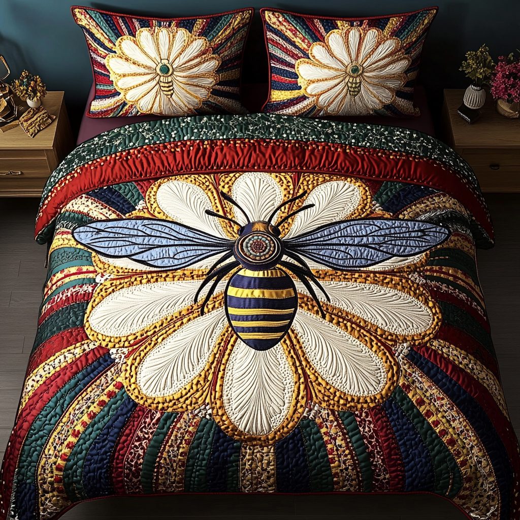 Sunflower Bee Harmony quilted 3-piece bedding set on a made bed with two matching pillow shams