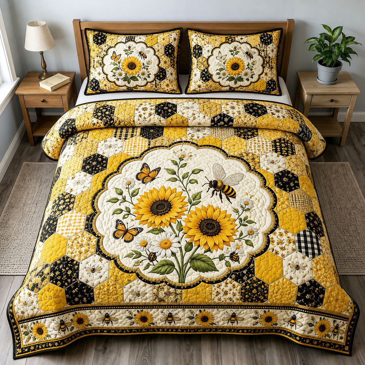 Sunflower Bee Patchwork quilted 3-piece bedding set on a made bed in a farmhouse bedroom