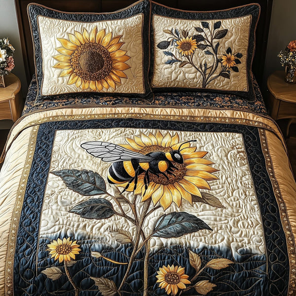 Sunflower Bee quilted 3-piece bedding set on a made bed with two matching pillow shams