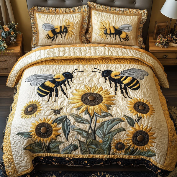 Sunflower Bee quilted 3-piece bedding set on a made bed with two matching pillow shams