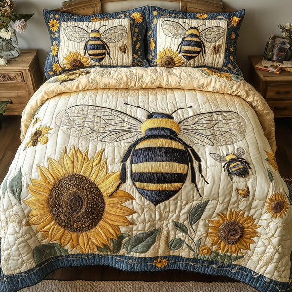 Sunflower Bee quilted 3-piece bedding set on a made bed with two matching pillow shams