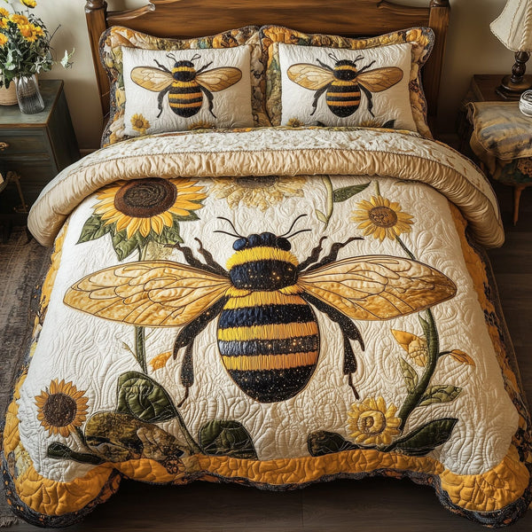 Sunflower Bee quilted 3-piece bedding set on a made bed with two matching pillow shams