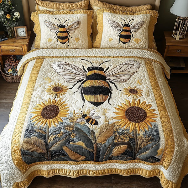 Sunflower Bee quilted 3-piece bedding set on a made bed with two matching pillow shams