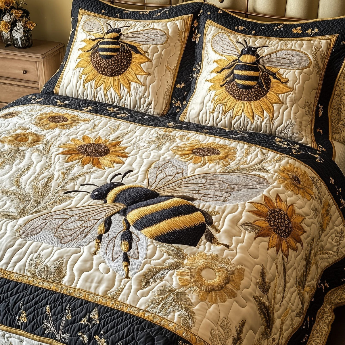 Sunflower Bee quilted 3-piece bedding set on a made bed with two matching pillow shams