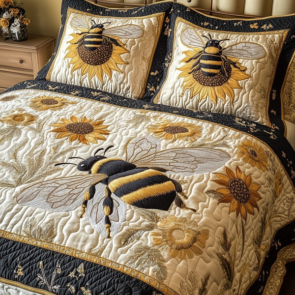 Sunflower Bee quilted 3-piece bedding set on a made bed with two matching pillow shams
