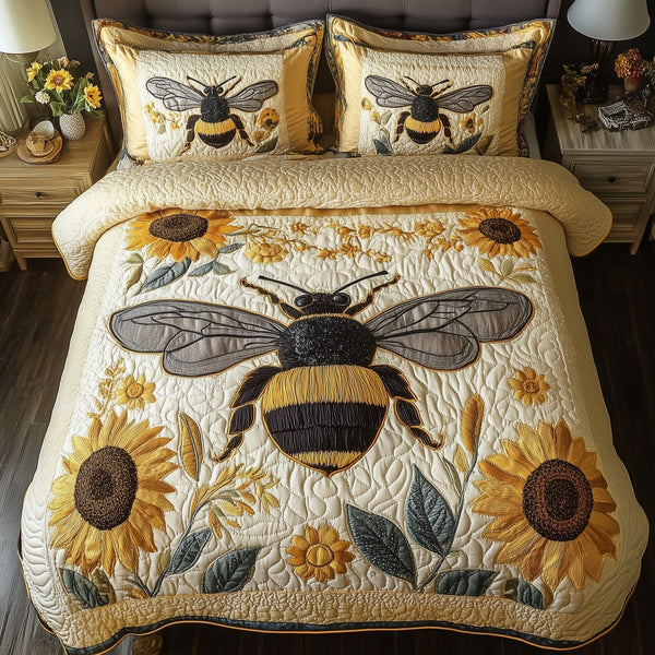 Sunflower Bee quilted 3-piece bedding set on a made bed with two matching pillow shams