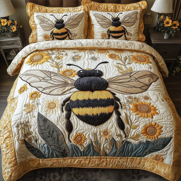 Sunflower Bee quilted 3-piece bedding set on a made bed with two matching pillow shams