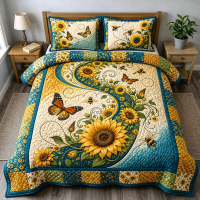 Sunflower Bee Swirl 3-Piece Quilted Bedding Set