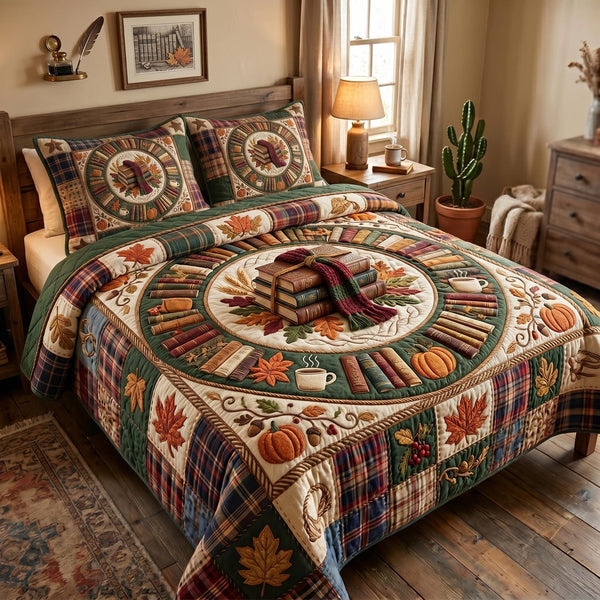 Sunflower Bliss quilted 3-piece bedding set on a made bed with two matching pillow shams
