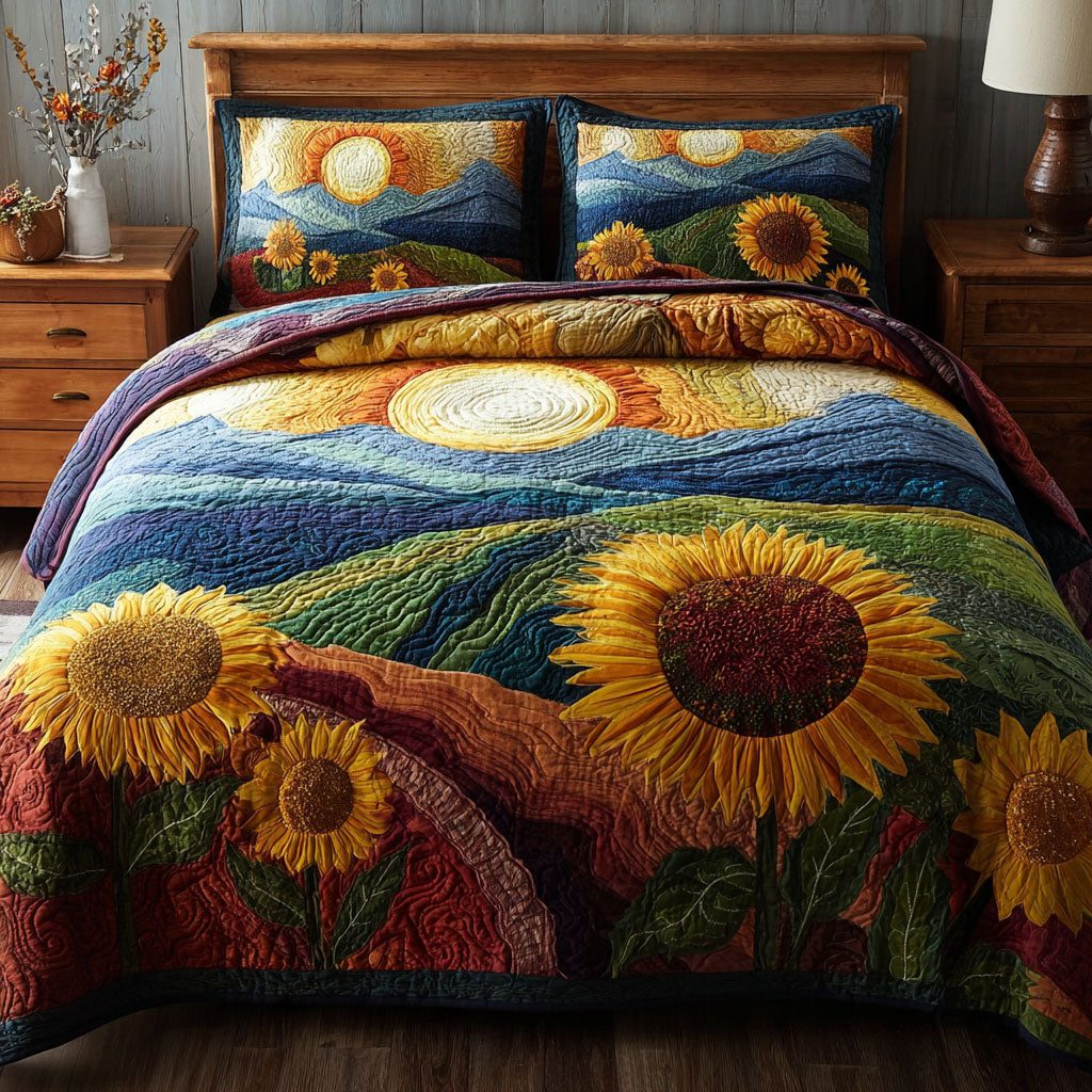Sunflower Bliss quilted 3-piece bedding set on a made bed with two matching pillow shams