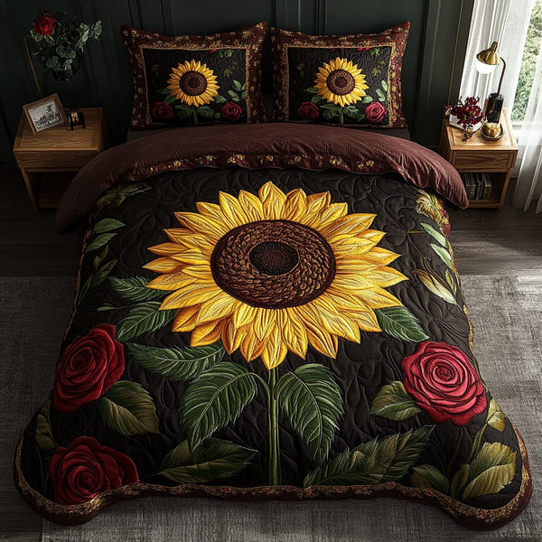 Sunflower Bliss quilted 3-piece bedding set on a made bed with two matching pillow shams
