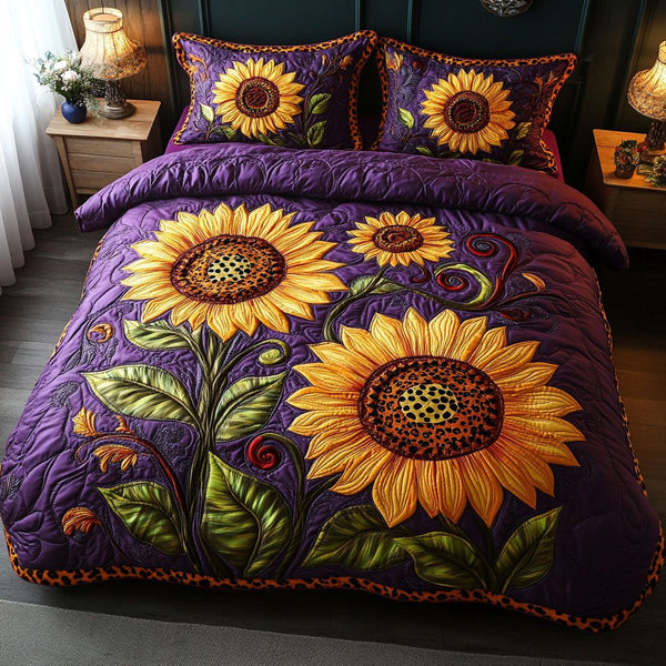 Sunflower Bliss quilted 3-piece bedding set on a made bed with two matching pillow shams