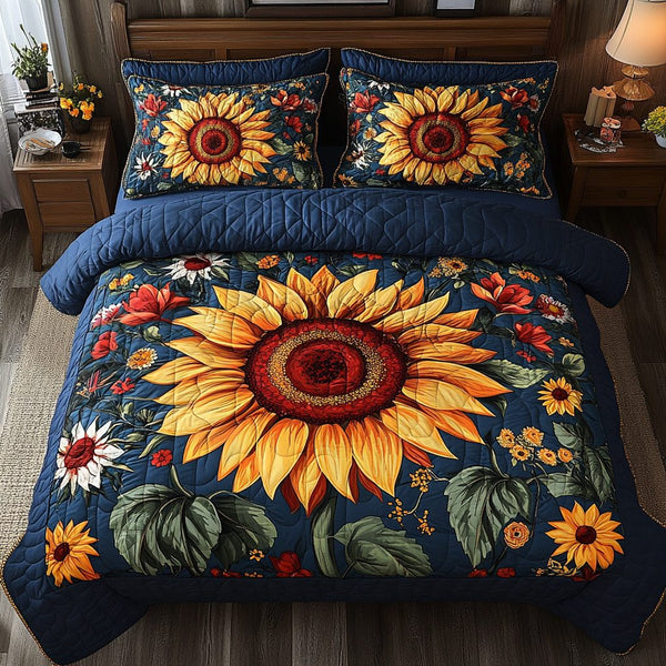 Sunflower Bliss quilted 3-piece bedding set on a made bed with two matching pillow shams