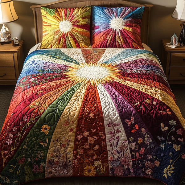 Sunflower Bliss quilted 3-piece bedding set on a made bed with two matching pillow shams