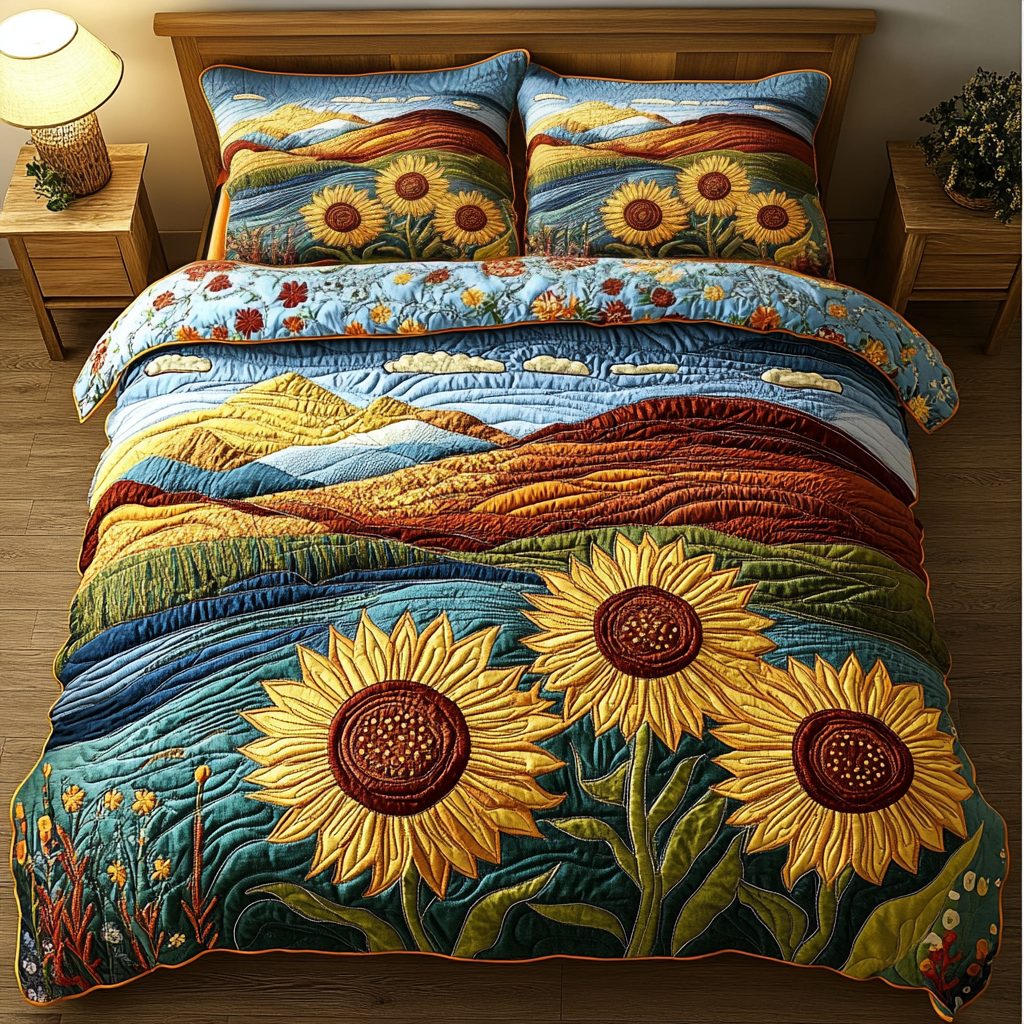 Sunflower Bliss quilted 3-piece bedding set on a made bed with two matching pillow shams