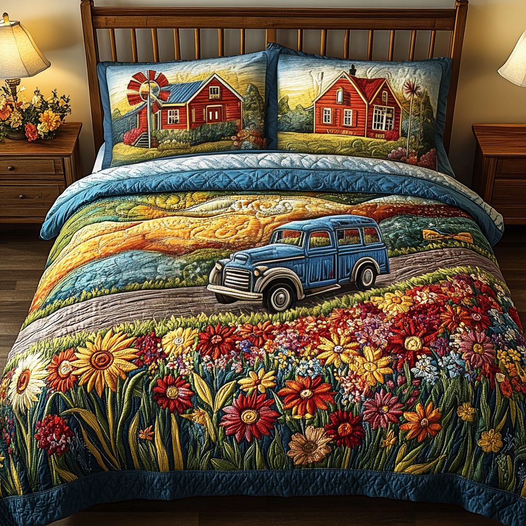 Sunflower Bliss quilted 3-piece bedding set on a made bed with two matching pillow shams