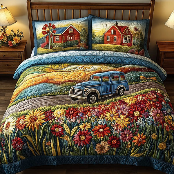Sunflower Bliss quilted 3-piece bedding set on a made bed with two matching pillow shams