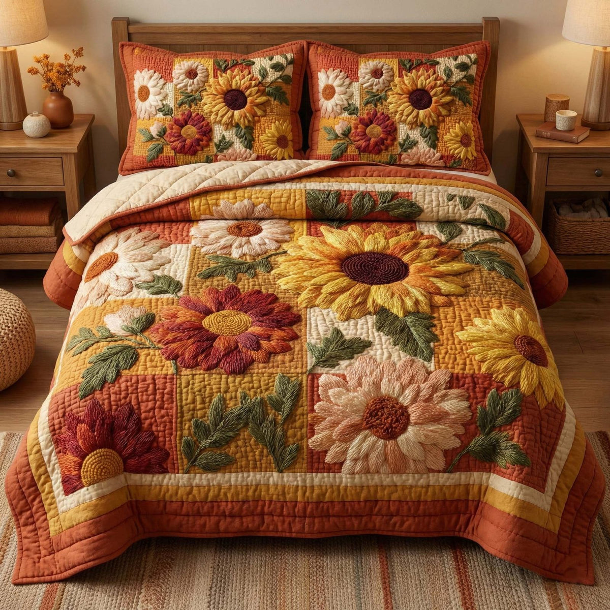 Sunflower Bloom quilted 3-piece bedding set on a made bed with two matching pillow shams