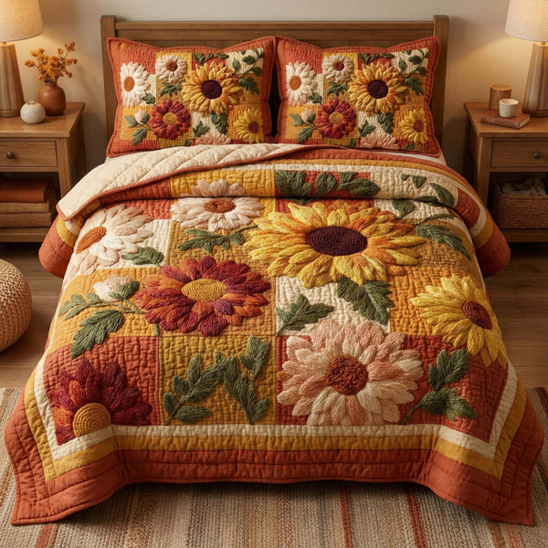 Sunflower Bloom quilted 3-piece bedding set on a made bed with two matching pillow shams