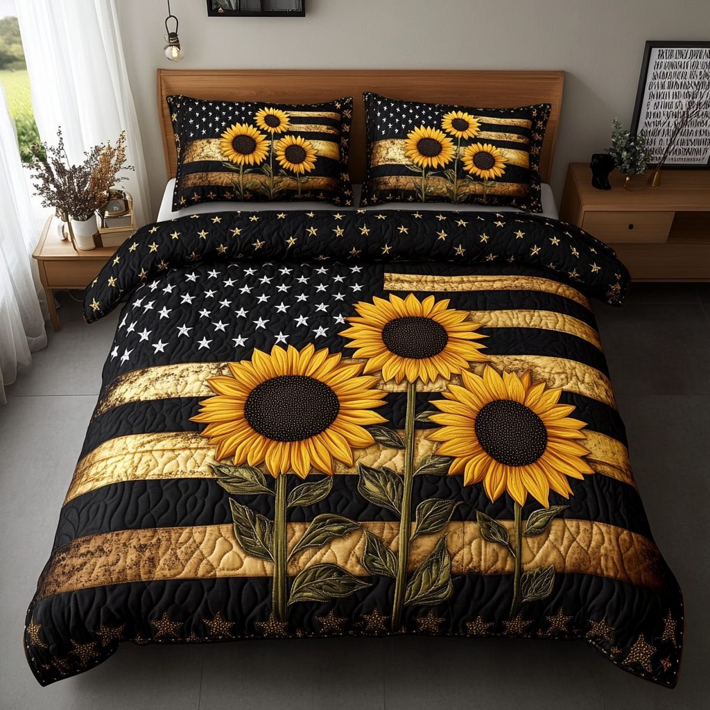 Sunflower Bloom quilted 3-piece bedding set on a made bed with two matching pillow shams
