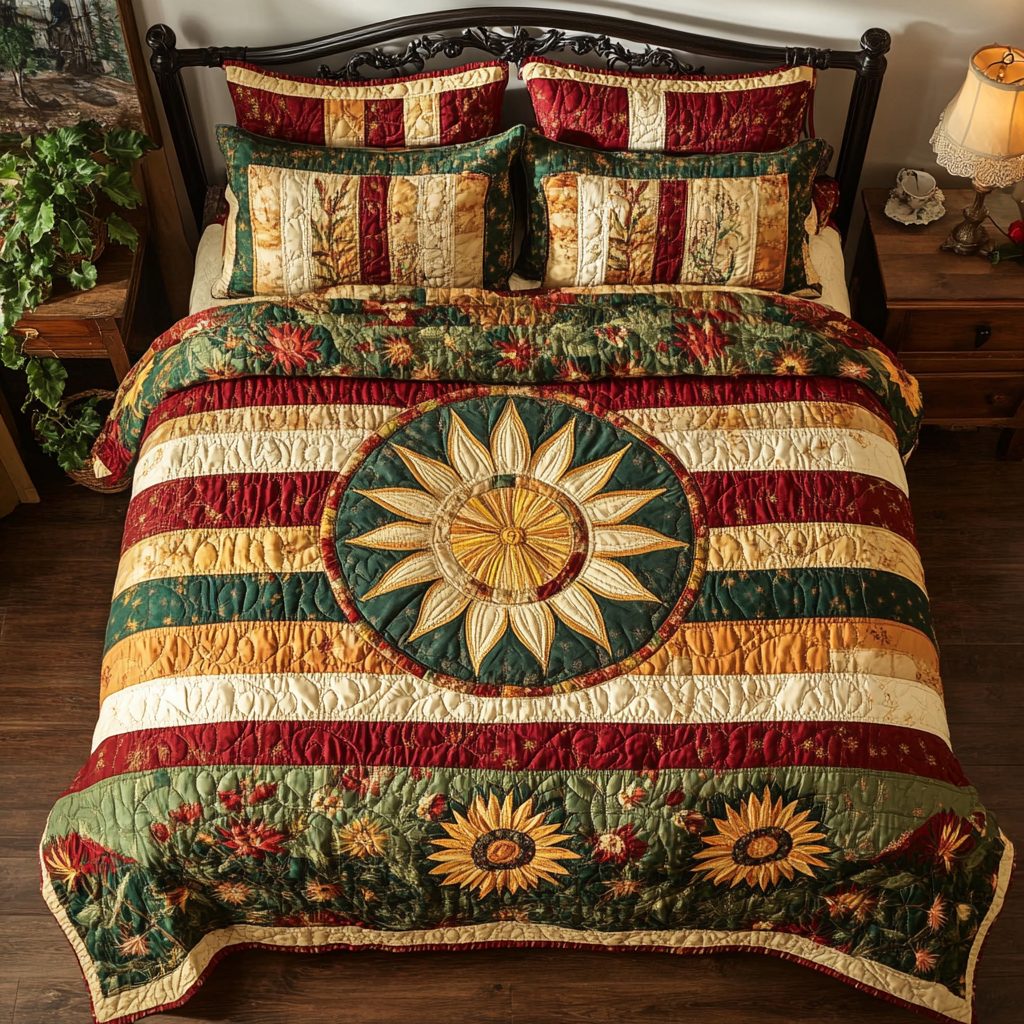 Sunflower Bloom quilted 3-piece bedding set on a made bed with two matching pillow shams