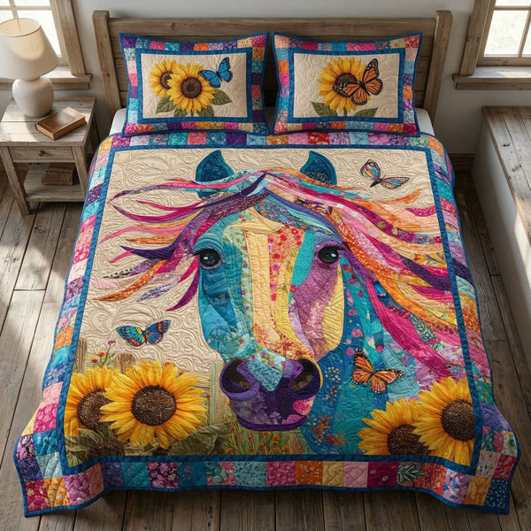 Sunflower Breeze quilted 3-piece bedding set on a made bed with two matching pillow shams