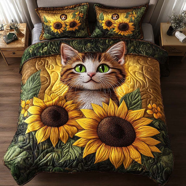 Sunflower Buddy quilted 3-piece bedding set on a made bed with two matching pillow shams