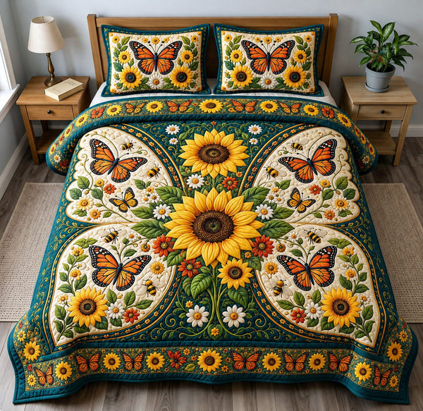 Sunflower Butterfly Bloom quilted 3-piece bedding set on a made bed with two matching pillow shams