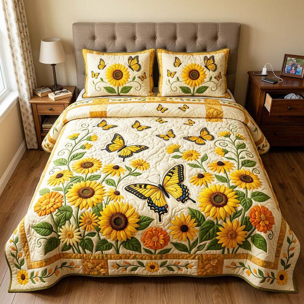 Sunflower Butterfly quilted 3-piece bedding set on a made bed with two matching pillow shams