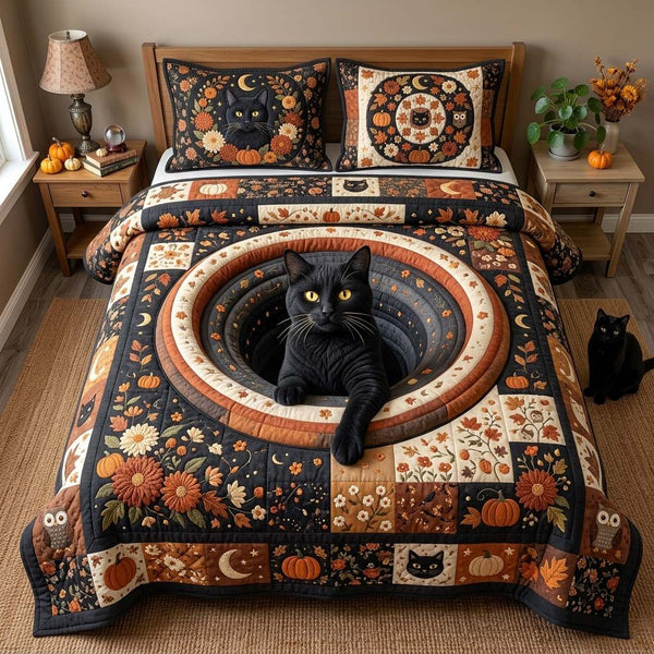 Sunflower Cat Hollow quilted 3-piece bedding set on a made bed with two matching pillow shams