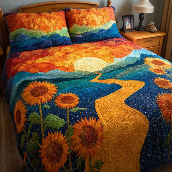 Sunflower Charm quilted 3-piece bedding set on a made bed with two matching pillow shams