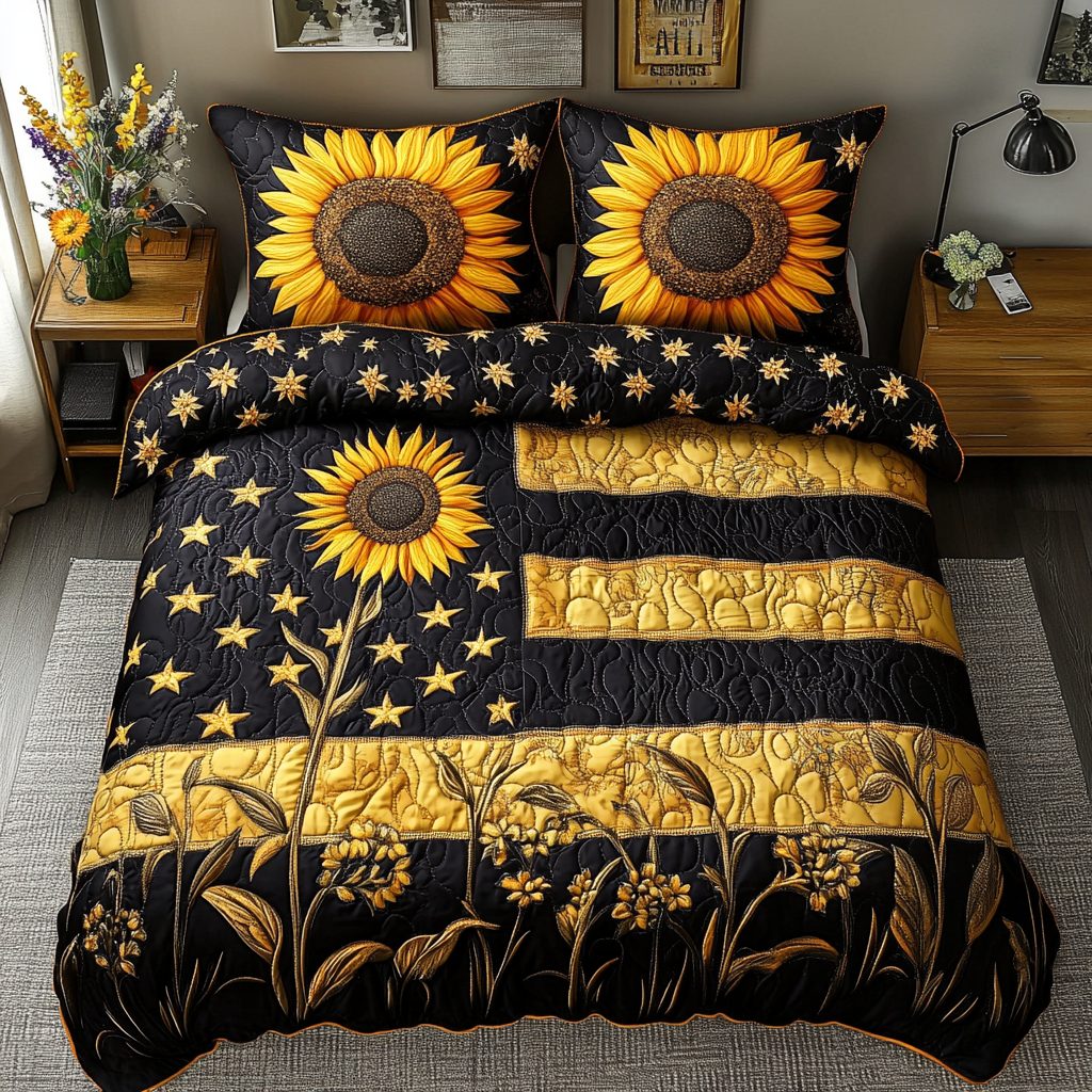 Sunflower Charm quilted 3-piece bedding set on a made bed with two matching pillow shams