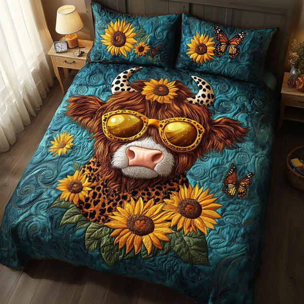 Sunflower Chic quilted 3-piece bedding set on a made bed with two matching pillow shams