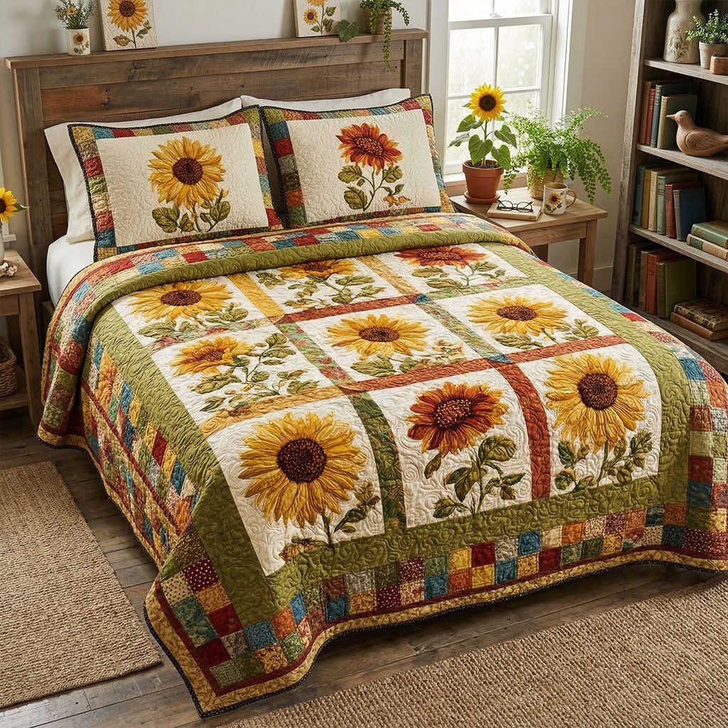 Sunflower Cottage Charm quilted 3-piece bedding set on a made bed in a farmhouse bedroom