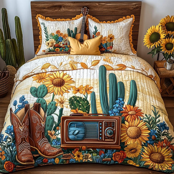 Sunflower Cowboy quilted 3-piece bedding set on a made bed in a rustic timber bedroom