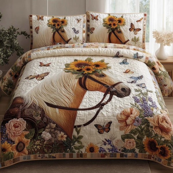 Sunflower Crown Horse quilted 3-piece bedding set on a made bed in a rustic timber bedroom