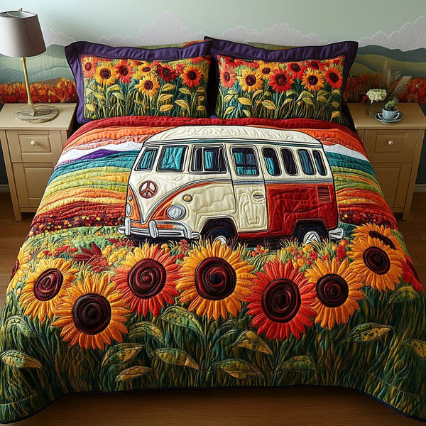 Sunflower Cruiser quilted 3-piece bedding set on a made bed with two matching pillow shams