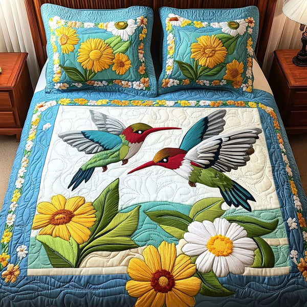 Sunflower Dancers quilted 3-piece bedding set on a made bed with two matching pillow shams