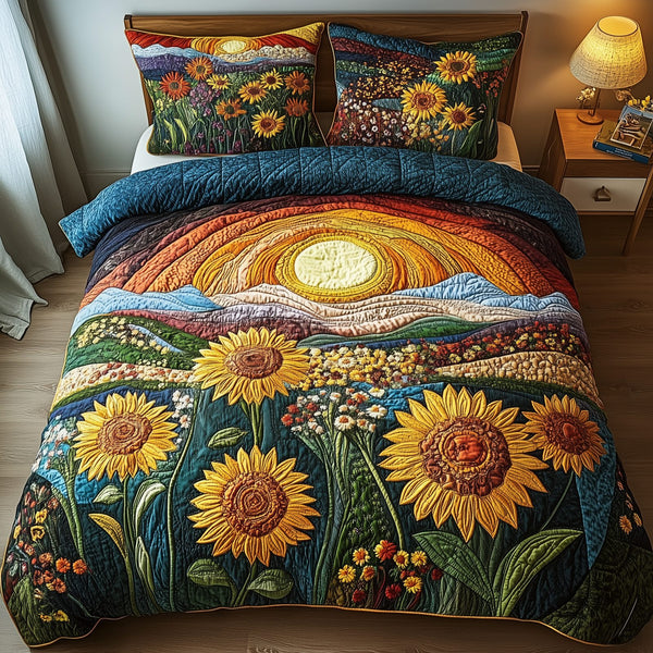 Sunflower Deity quilted 3-piece bedding set on a made bed with two matching pillow shams