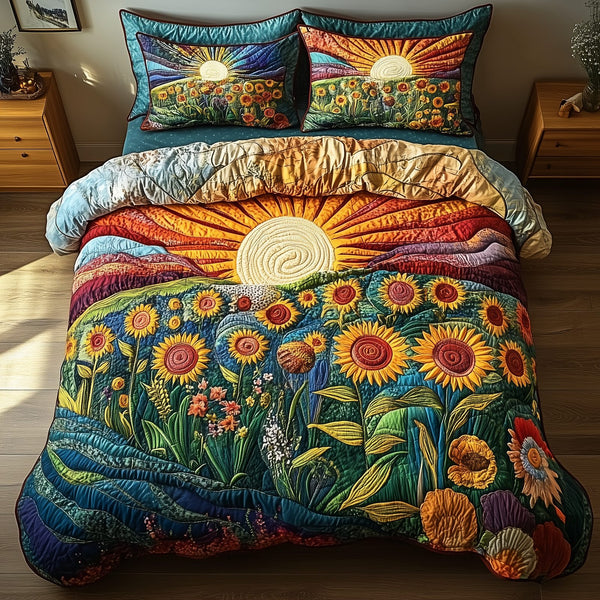 Sunflower Deity quilted 3-piece bedding set on a made bed with two matching pillow shams